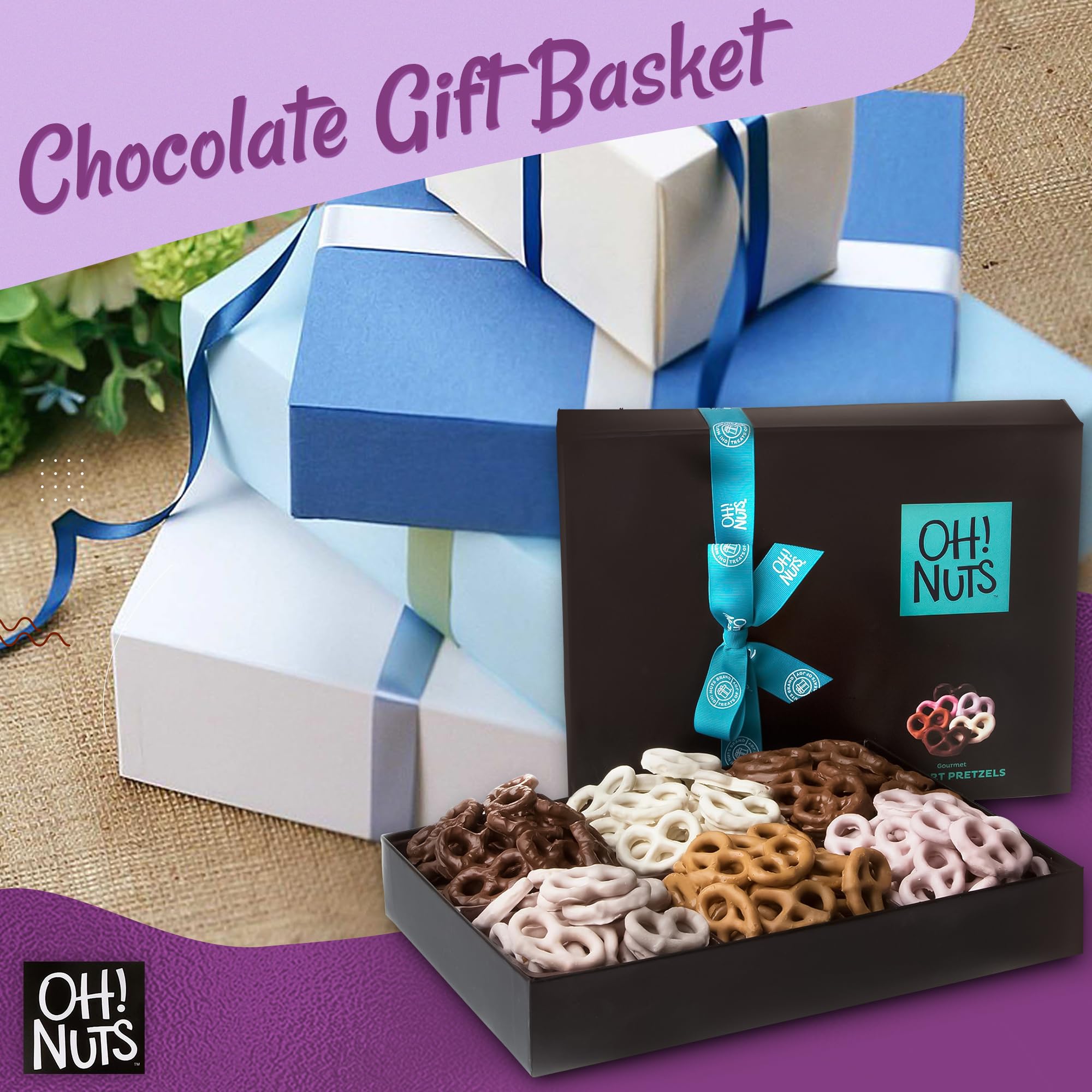 Stylish Oh! Nuts gift box with turquoise ribbon, ready for celebrations.