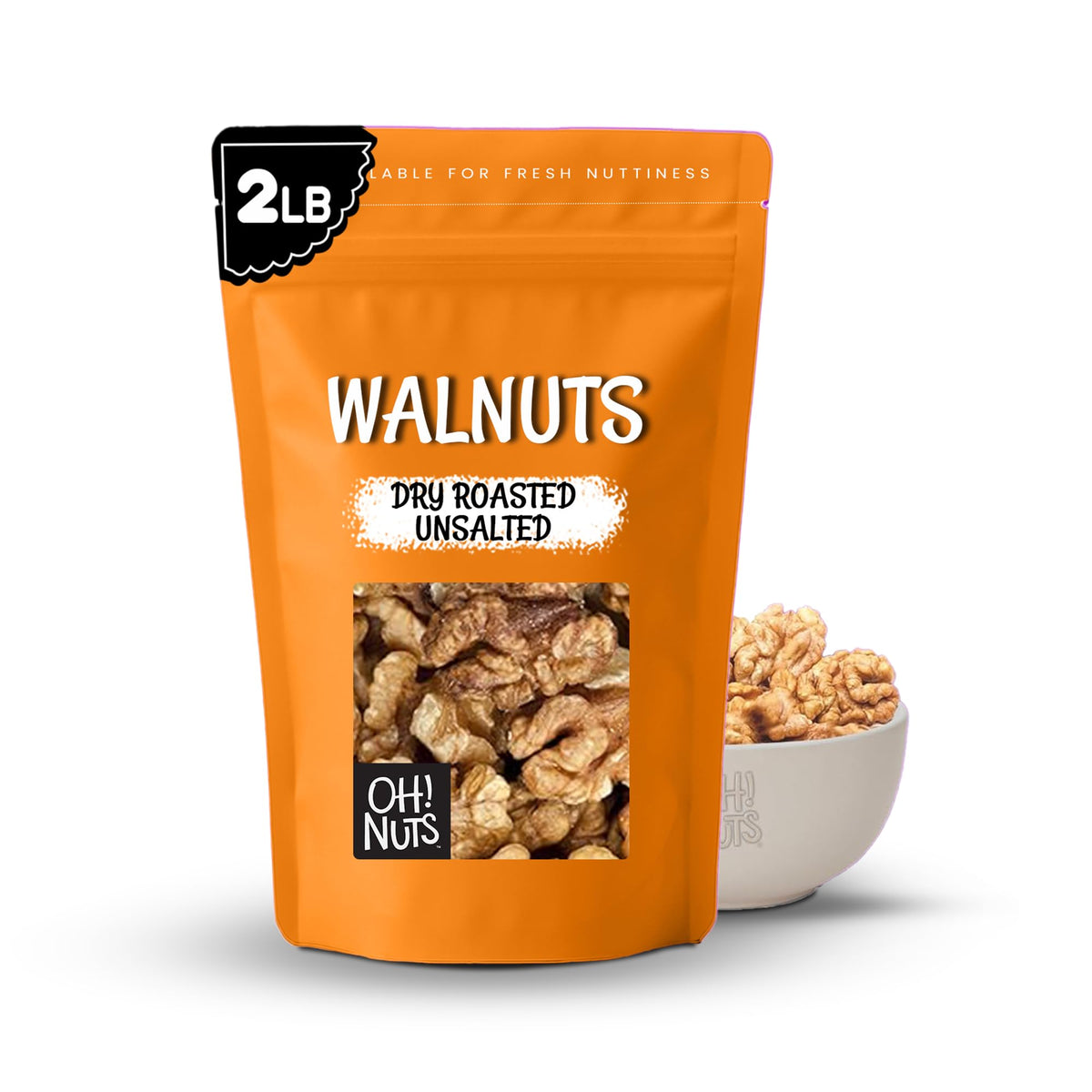 Oh! Nuts walnuts dry roasted unsalted in a New York bag ready for snacking.