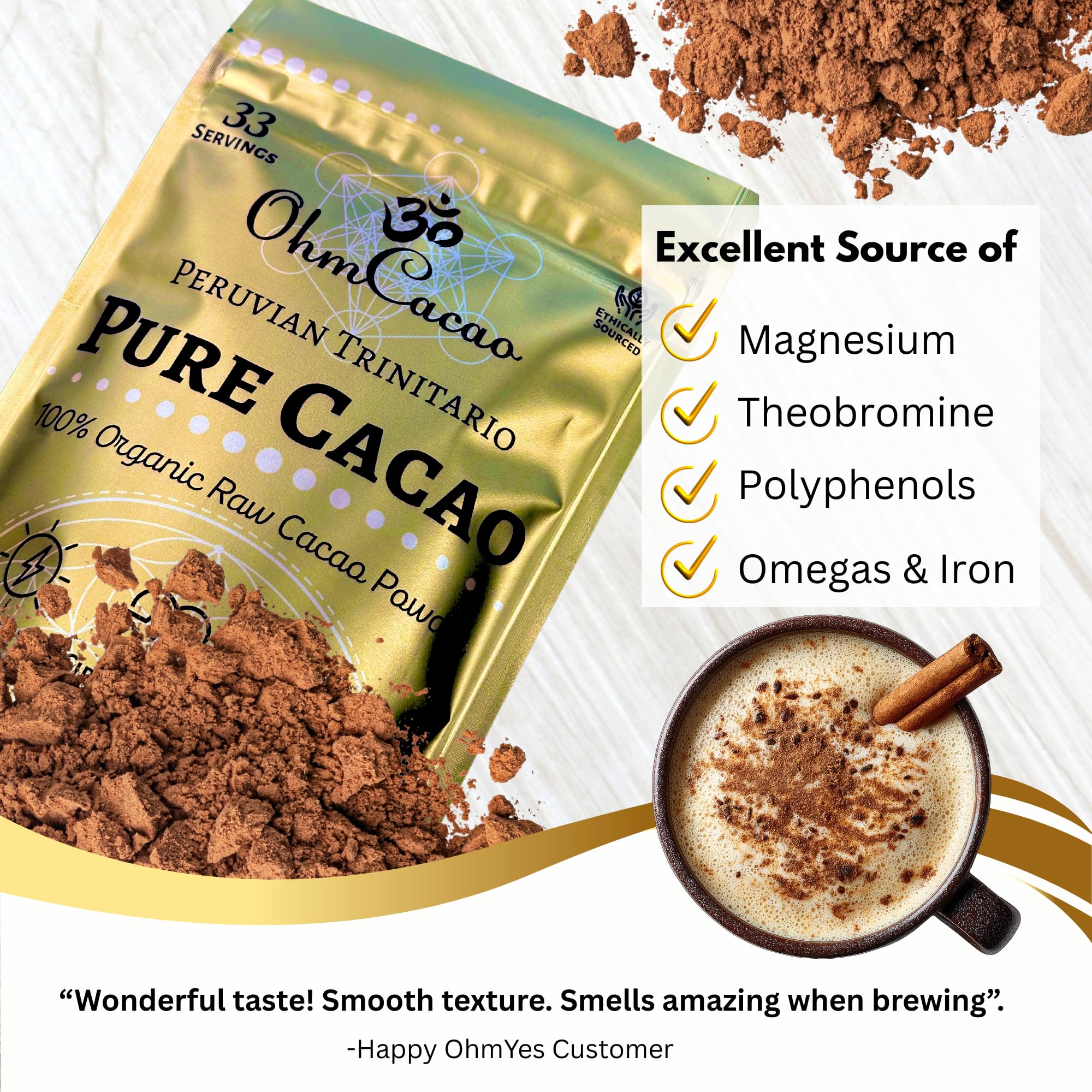 OHM Cacao raw powder bag ready for baking desserts and energy-boosting recipes.
