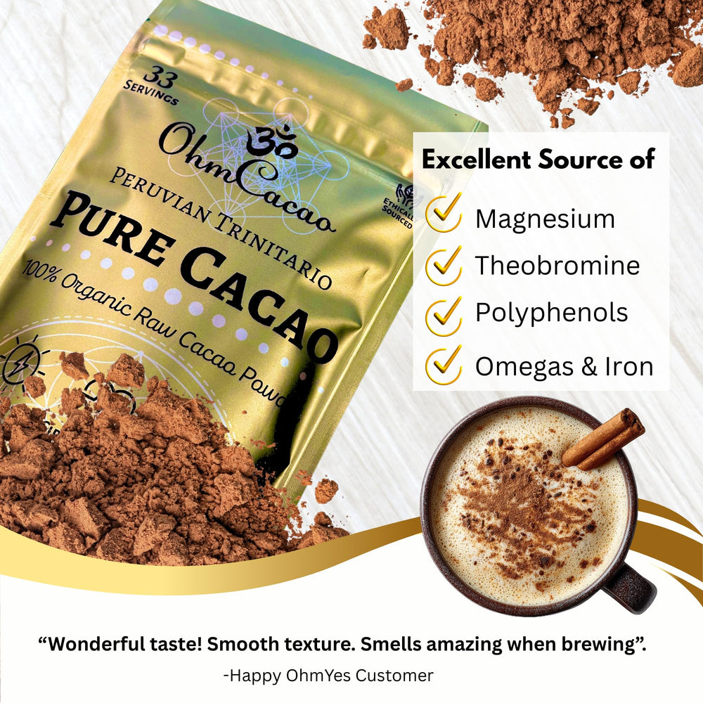 OHM Cacao raw powder bag ready for baking desserts and energy-boosting recipes.