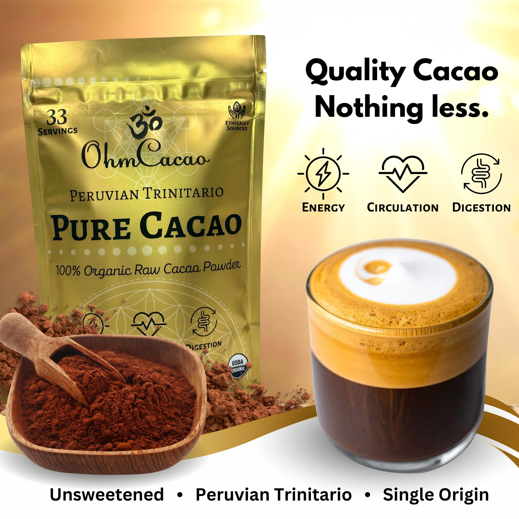 OHM Cacao powder scoop over ingredients inviting healthy recipe ideas.