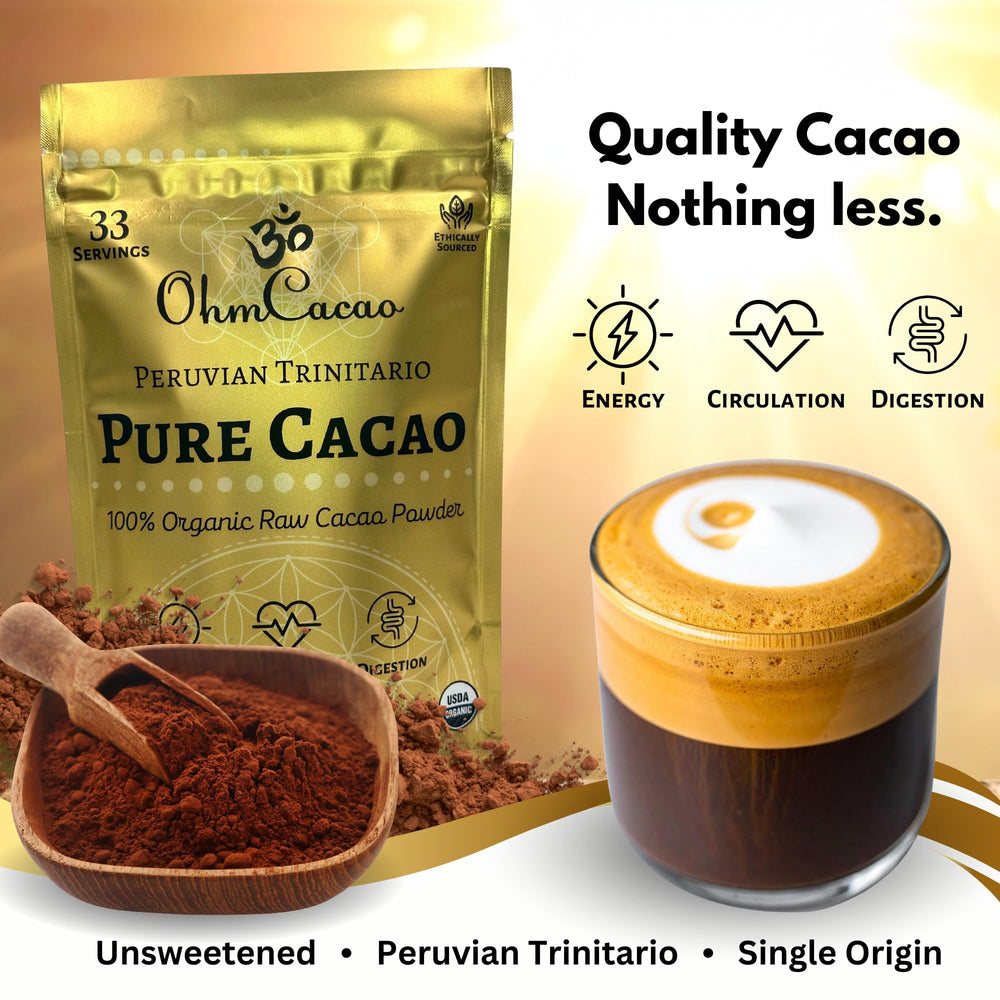 OHM Cacao powder scoop over ingredients inviting healthy recipe ideas.