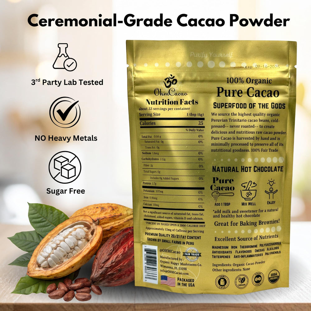 OHM Cacao raw powder with scoop highlighting versatility for smoothies and hot drinks.