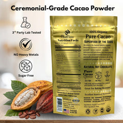 OHM Cacao raw powder with scoop highlighting versatility for smoothies and hot drinks.