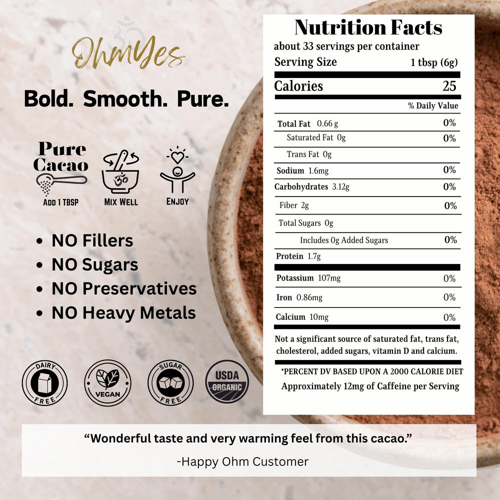 OHM Cacao raw powder in a smoothie glass emphasizing natural cacao flavor.