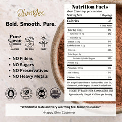 OHM Cacao raw powder in a smoothie glass emphasizing natural cacao flavor.