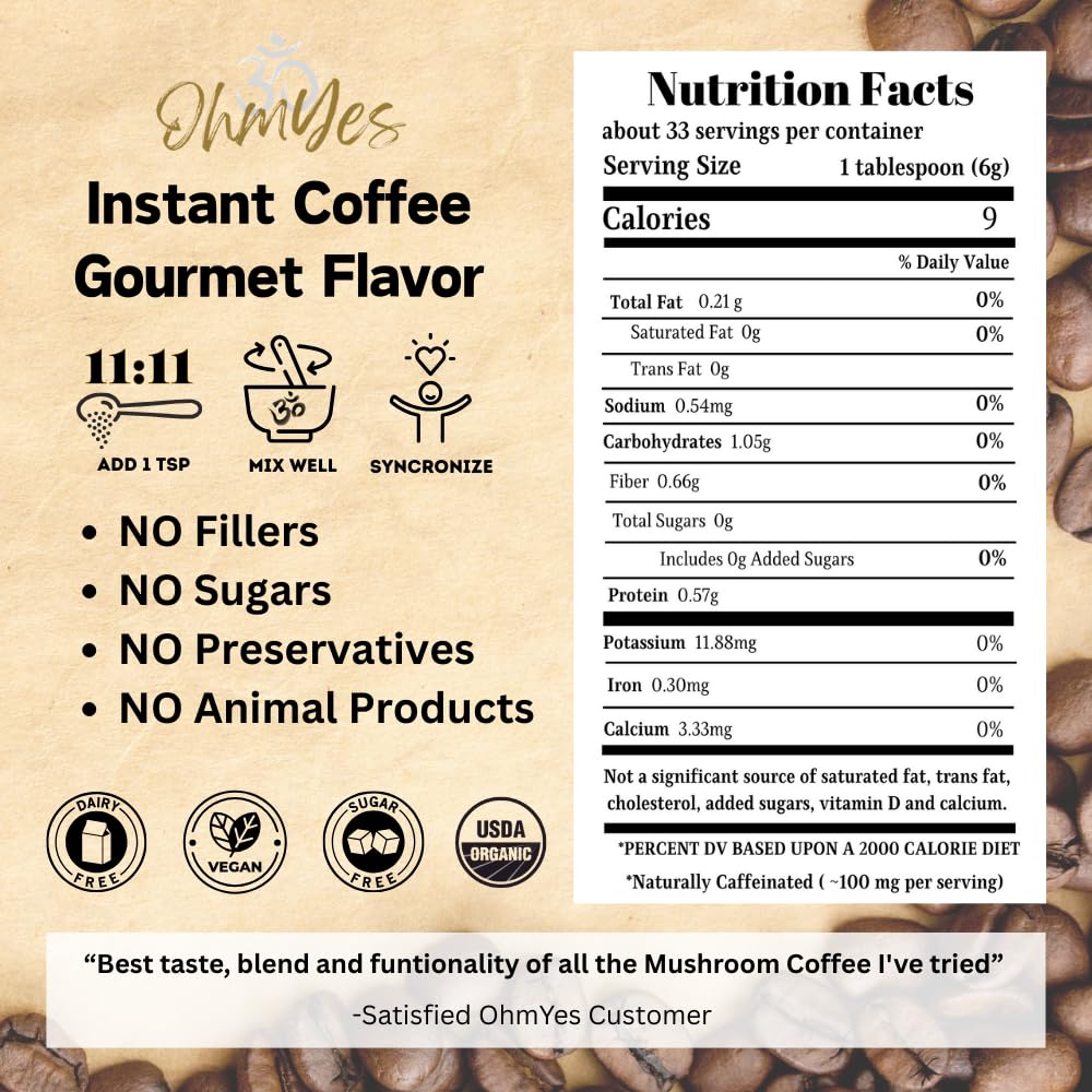 OhmYes 1111 Mushroom Coffee powder container emphasizes convenient quick mix
