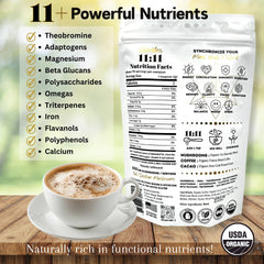 OhmYes Organic Peruvian Cacao powder jar highlights earthy cacao notes