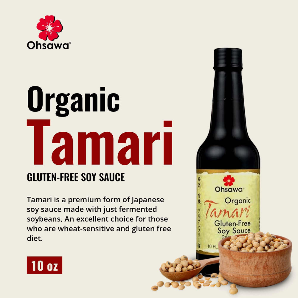 Ohsawa Organic Tamari being poured, ideal for stir-fries and sauces.