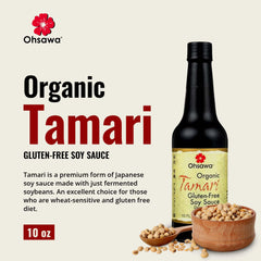 Ohsawa Organic Tamari being poured, ideal for stir-fries and sauces.