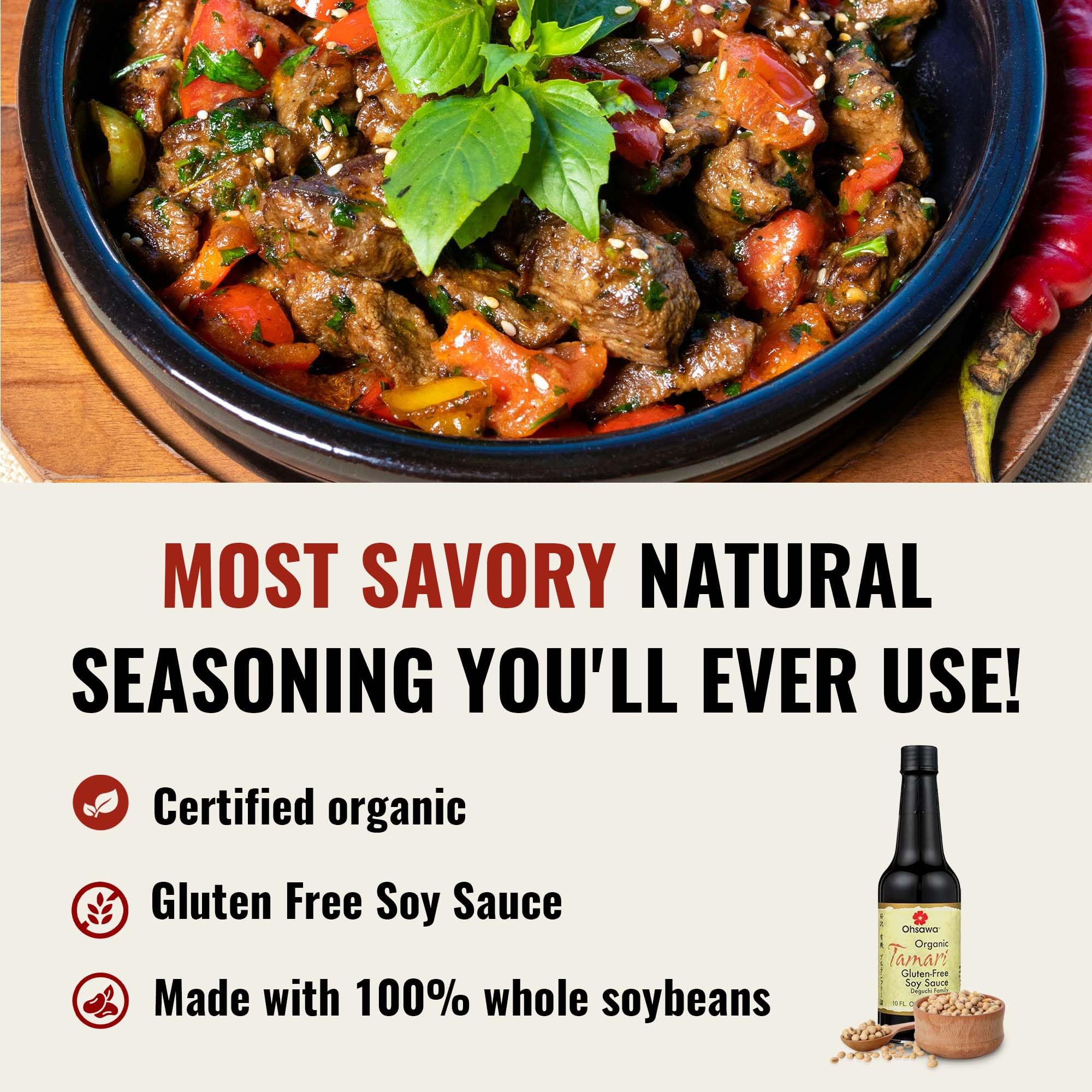 Ohsawa Tamari label close-up highlights organic, gluten-free quality.