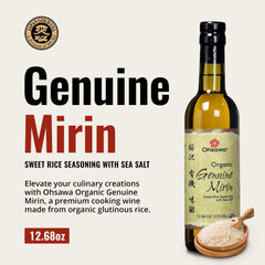 Close-up of Ohsawa Mirin label emphasizes organic and non-GMO ingredients