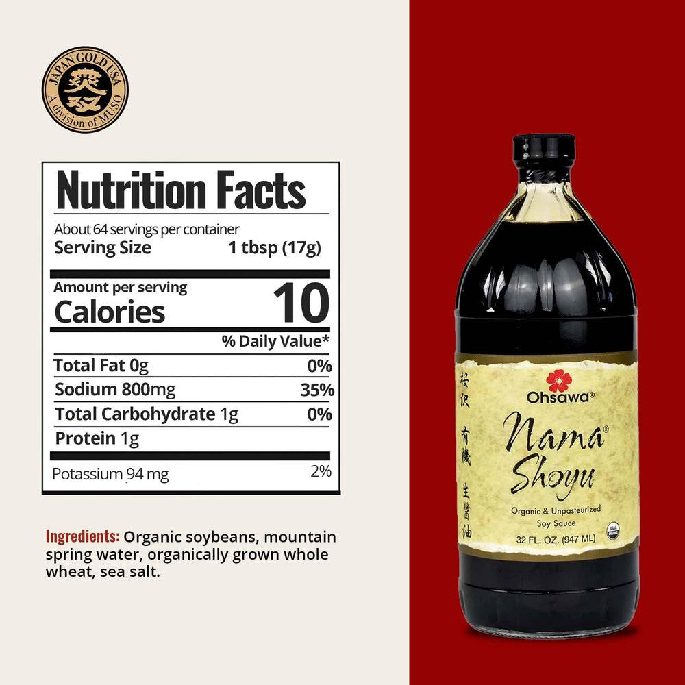 Ohsawa Nama Shoyu uses organic ingredients like soybeans and wheat for pure flavor.