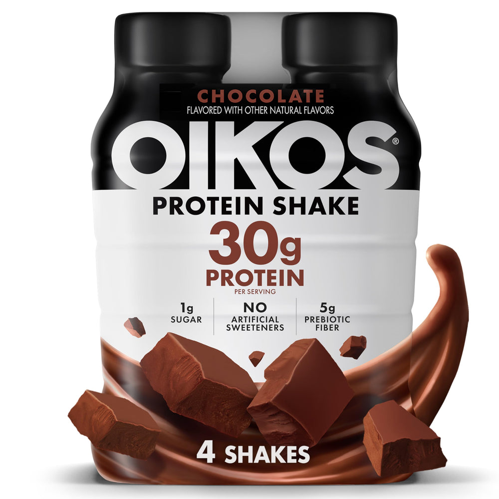 Oikos Chocolate Protein Shake bottle shown as a ready-to-drink option