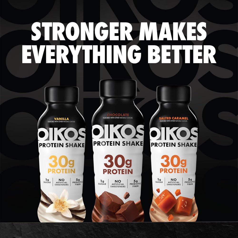 Oikos Chocolate Shake served in a glass for a creamy chocolate experience