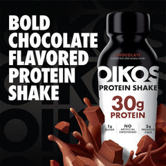 Oikos Chocolate Shake label close-up highlighting 30g protein and 1g sugar