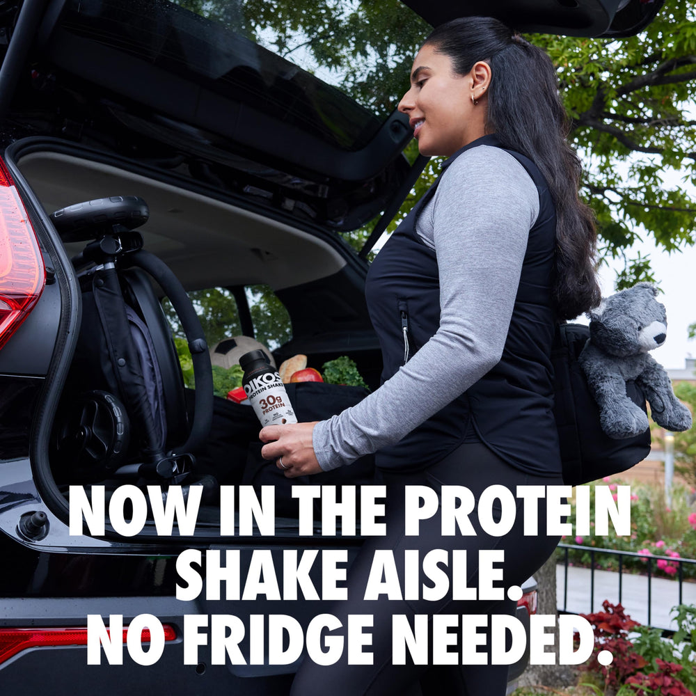 Oikos Chocolate Shake shelf-stable bottle without refrigeration needed