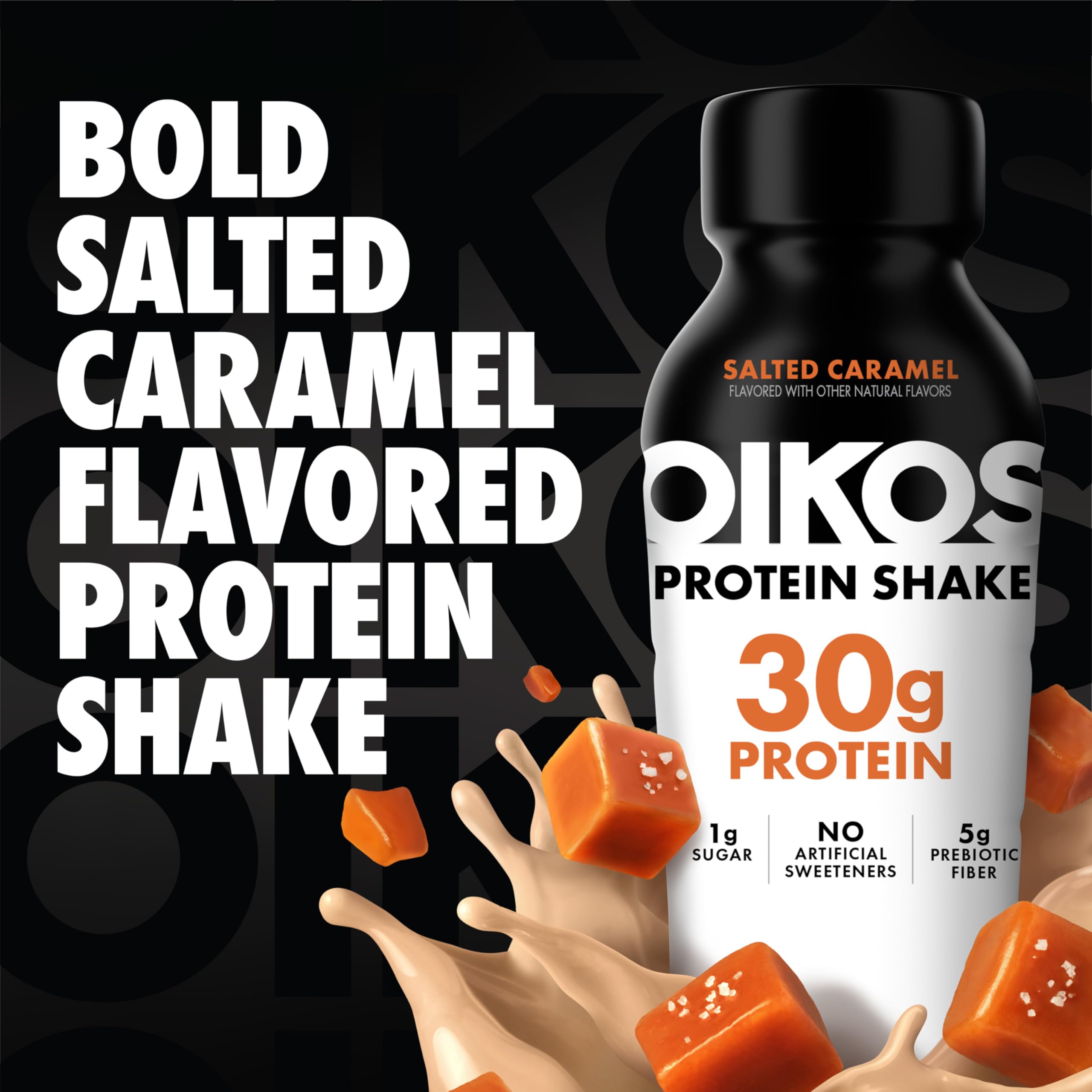 Oikos Salted Caramel Shake label closeup highlighting 30g protein per bottle