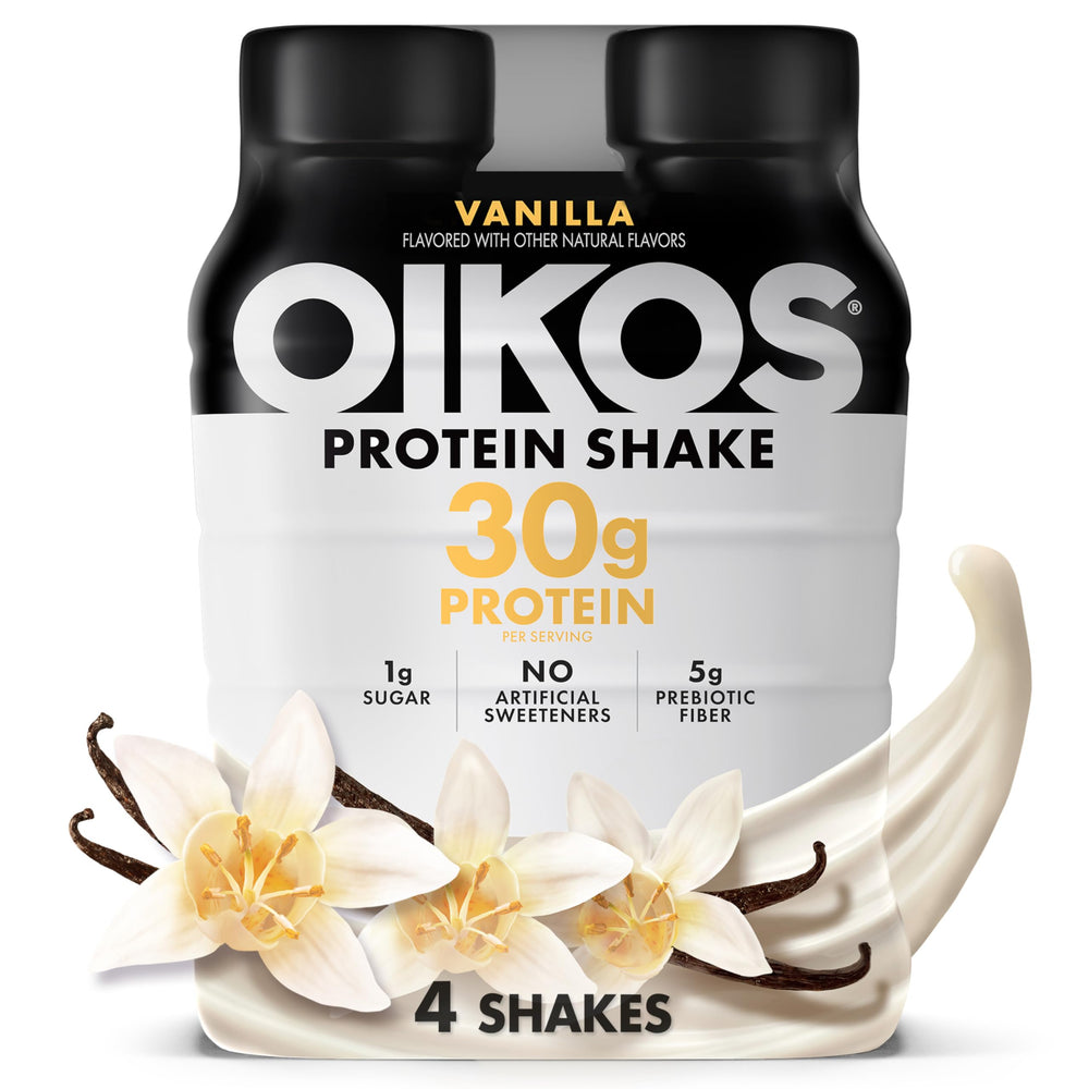 Oikos Vanilla Protein Shake bottle shows 30g protein per serving for muscle support.