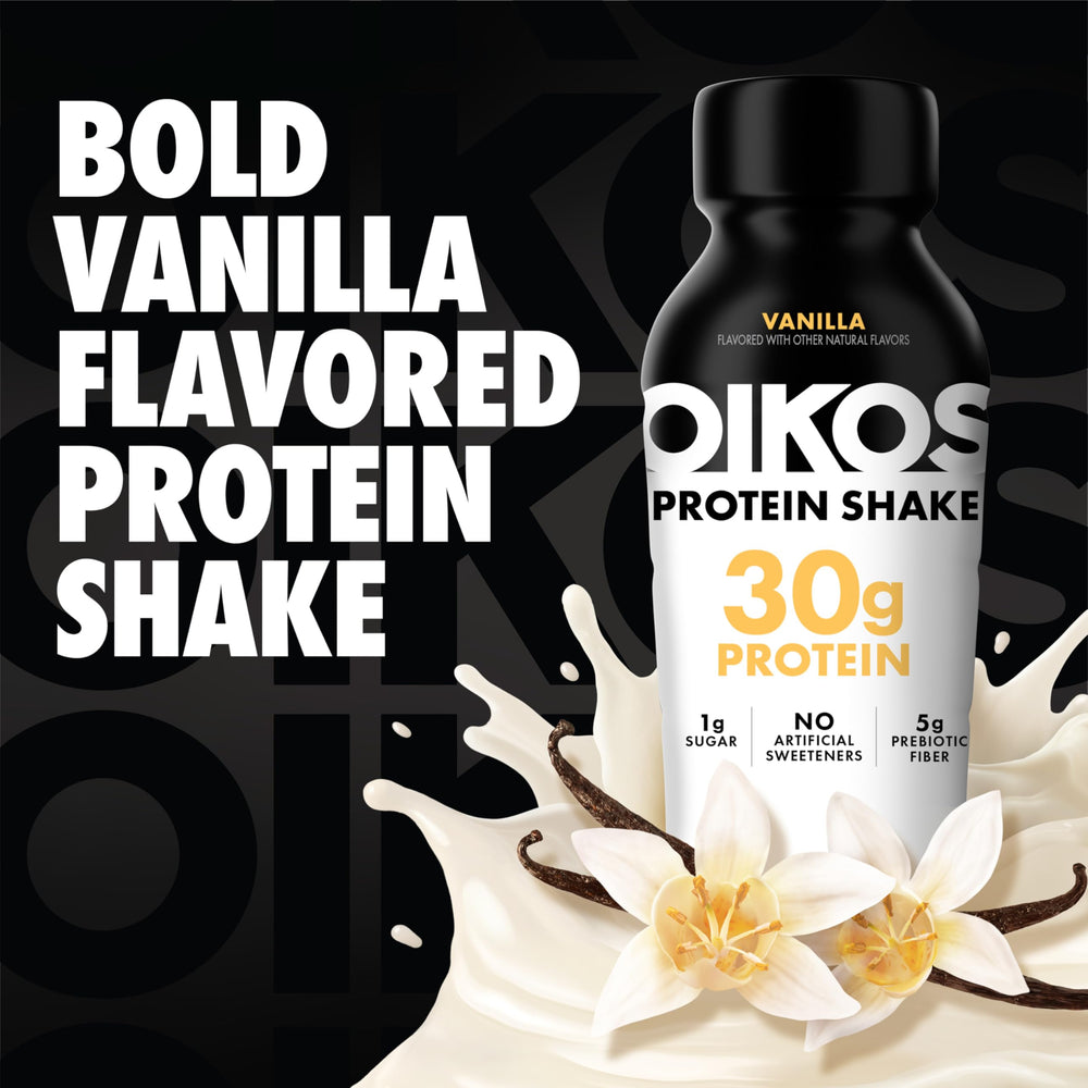 Oikos Vanilla Protein Shake being poured into a glass
