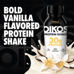 Oikos Vanilla Protein Shake label features 5g prebiotic fiber for digestive health.