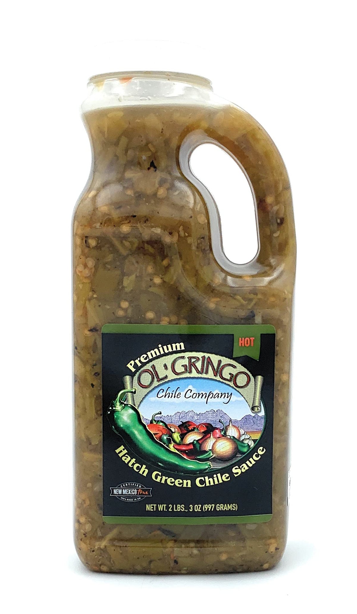 Ol' Gringo Premium Hatch Green Chile Sauce bottle with chunky texture for quick flavor boost.