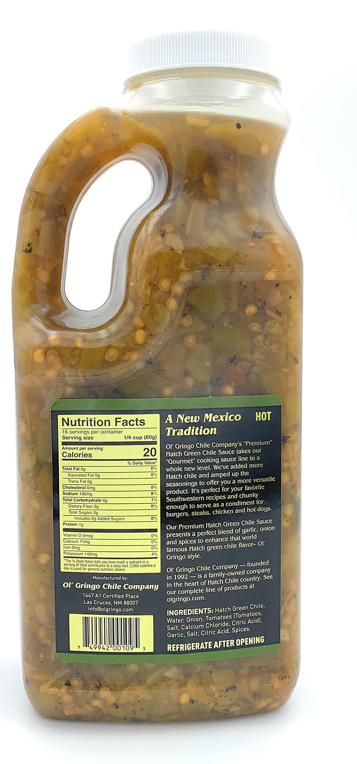 Ol' Gringo Hatch Green Chile Sauce close-up showing chunky chiles for toppings.