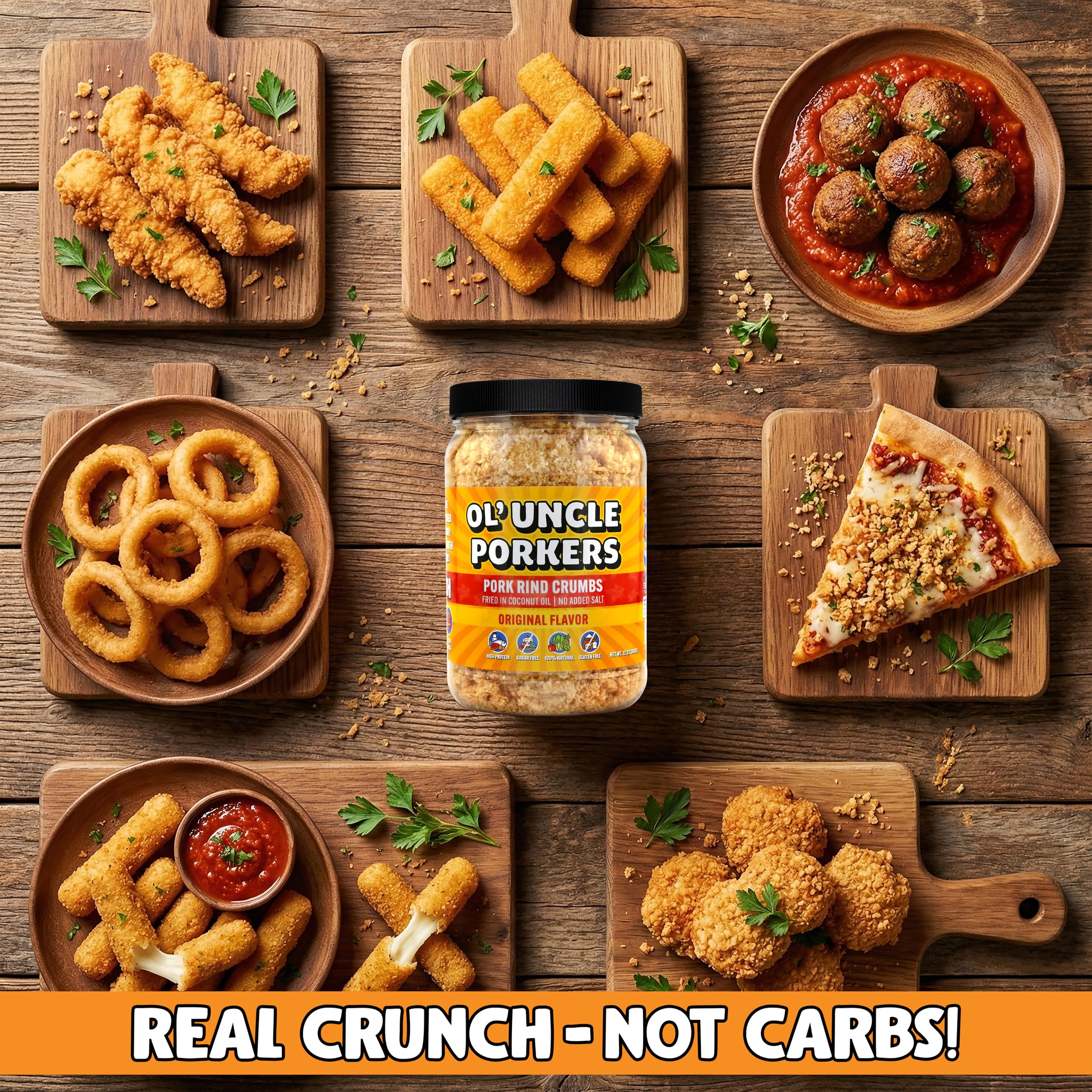 Chicken tenders coated with Ol' Uncle Porkers crumbs for even, easy breading.