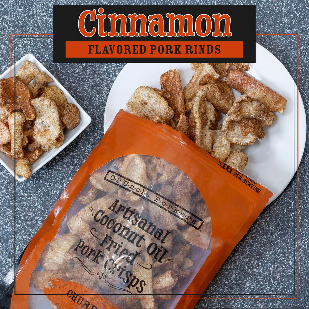Close-up of Ol' Uncle Porkers Cinnamon Churro pork rinds reveals light texture from coconut oil.