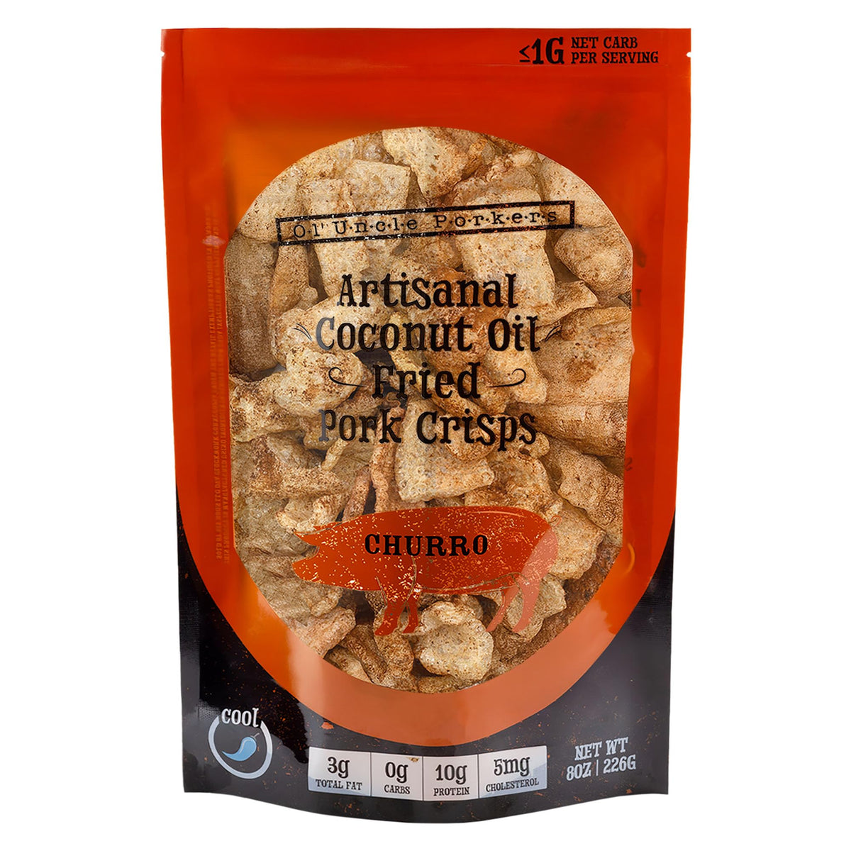 Ol' Uncle Porkers Cinnamon Churro pork rinds packaging ready to enjoy anytime, keto-friendly.