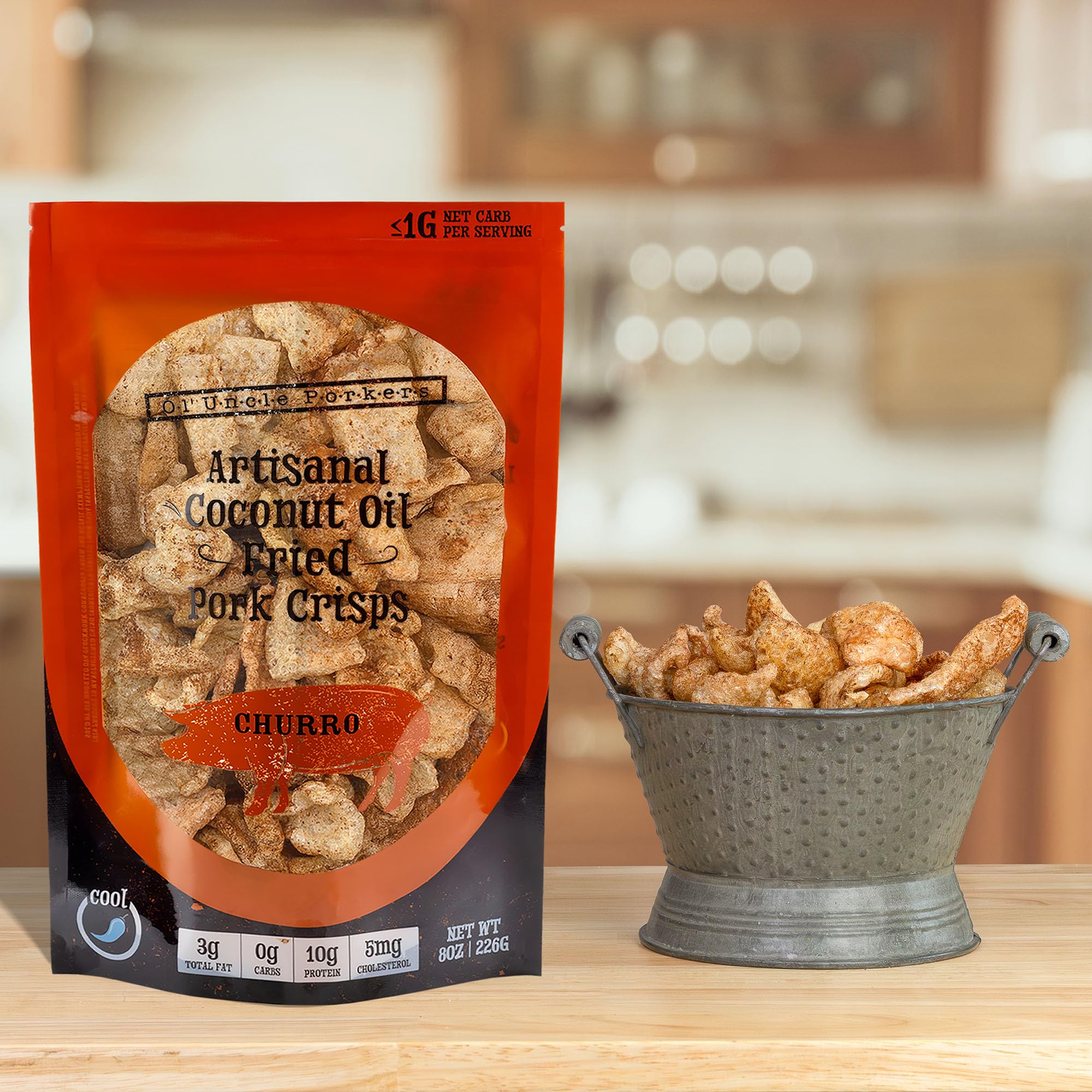 Ol' Uncle Porkers Cinnamon Churro rinds offer a gluten-free, high-protein snack option.