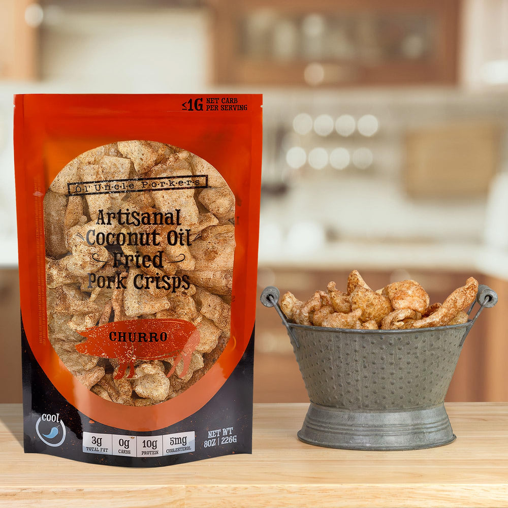 Ol' Uncle Porkers Cinnamon Churro rinds offer a gluten-free, high-protein snack option.