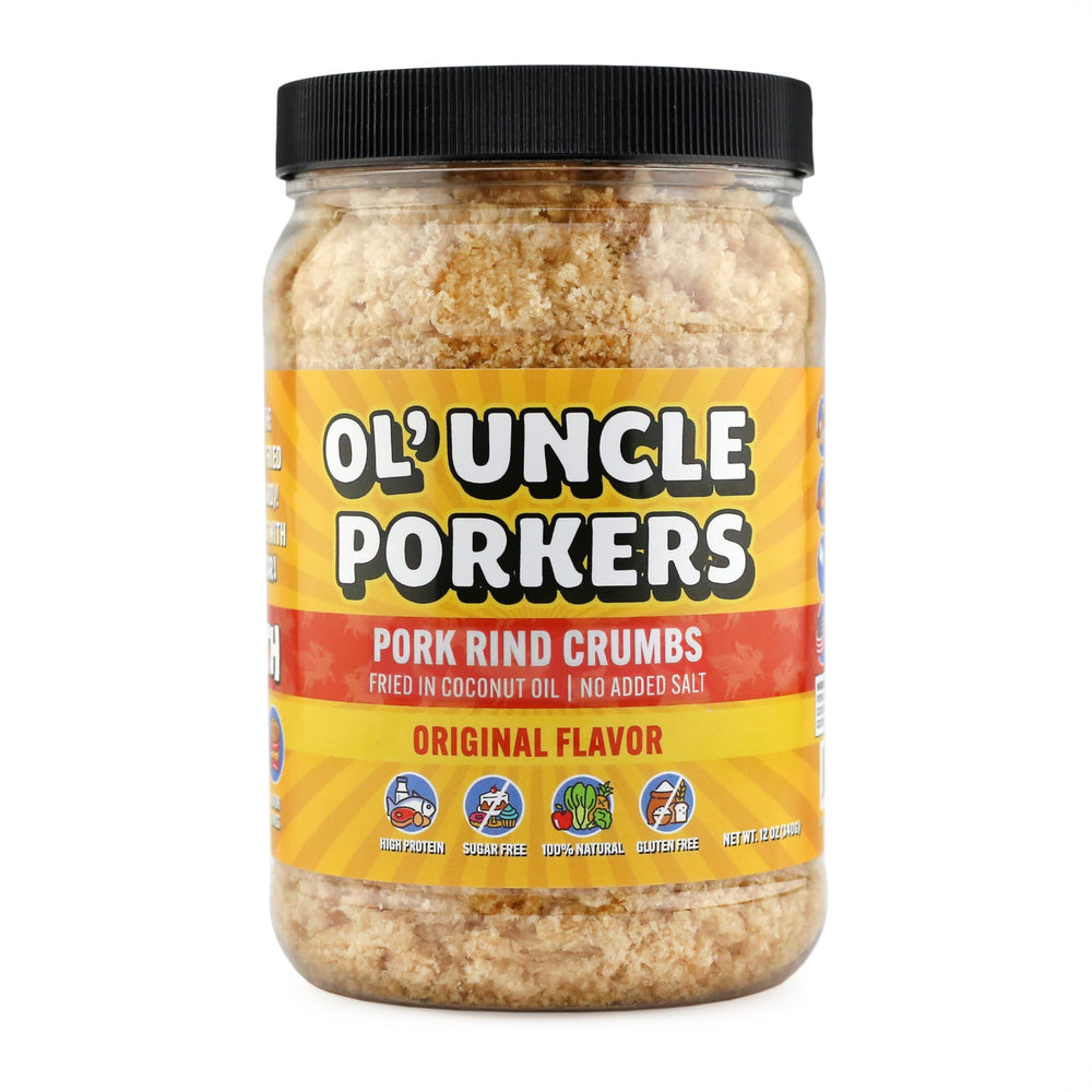Ol' Uncle Porkers Original crumbs in a jar for keto-friendly breading and crisp texture.