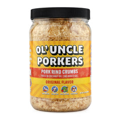 Ol' Uncle Porkers Original crumbs in a jar for keto-friendly breading and crisp texture.