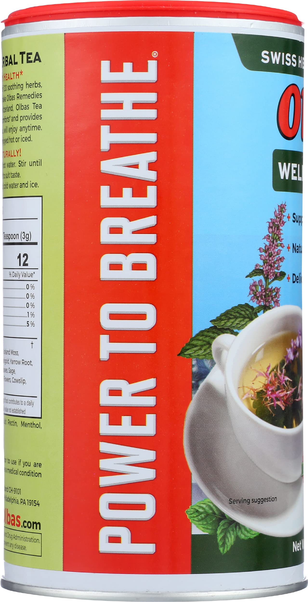 Olbas Herbal Tea Mix ingredient list highlights quality herbs.