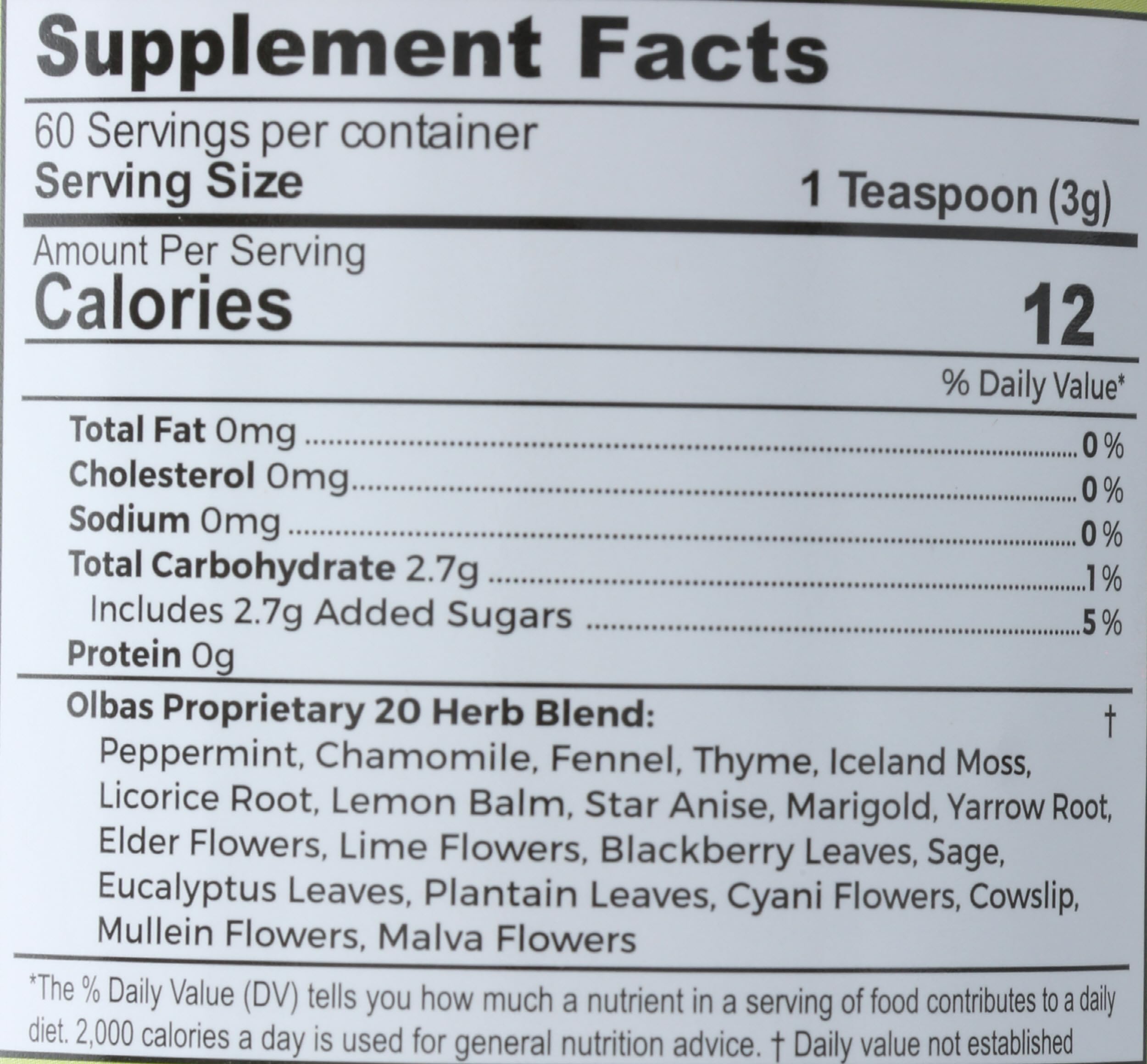 Olbas Herbal Tea Mix packaging emphasizes compact 7 oz size.