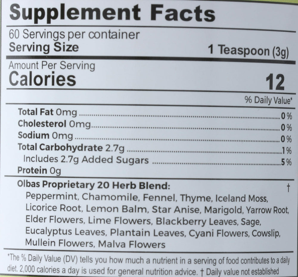 Olbas Herbal Tea Mix packaging emphasizes compact 7 oz size.