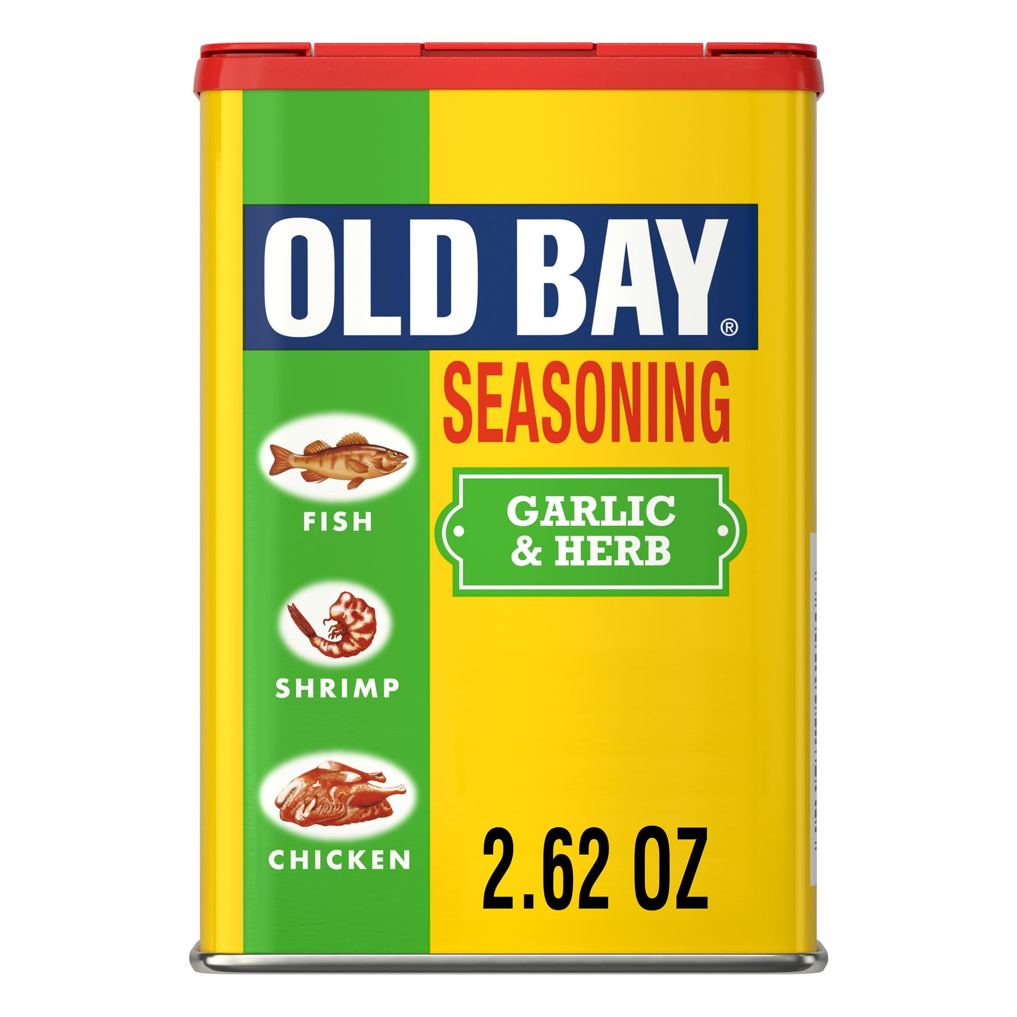 Old Bay Garlic & Herb Seasoning jar on shelf, ideal for seafood and vegetables.