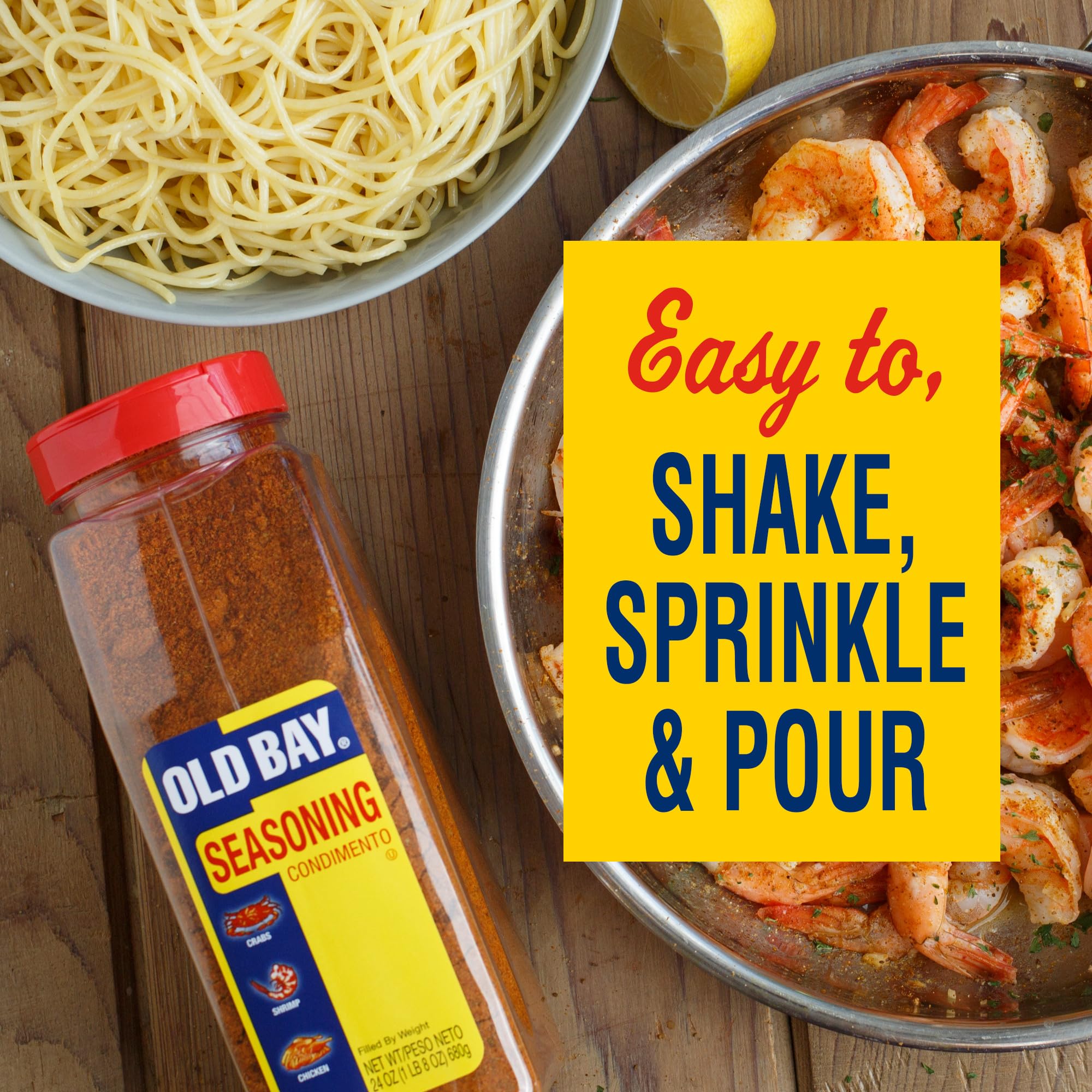 OLD BAY seafood platter with seasoning.