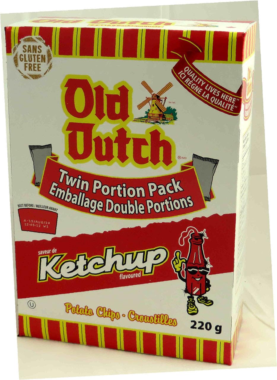 Old Dutch Ketchup Chips 220g box on shelf, tangy snack for gatherings.