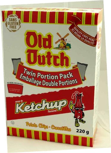 Multi-pack display of Old Dutch Ketchup Chips, perfect for stocking up.