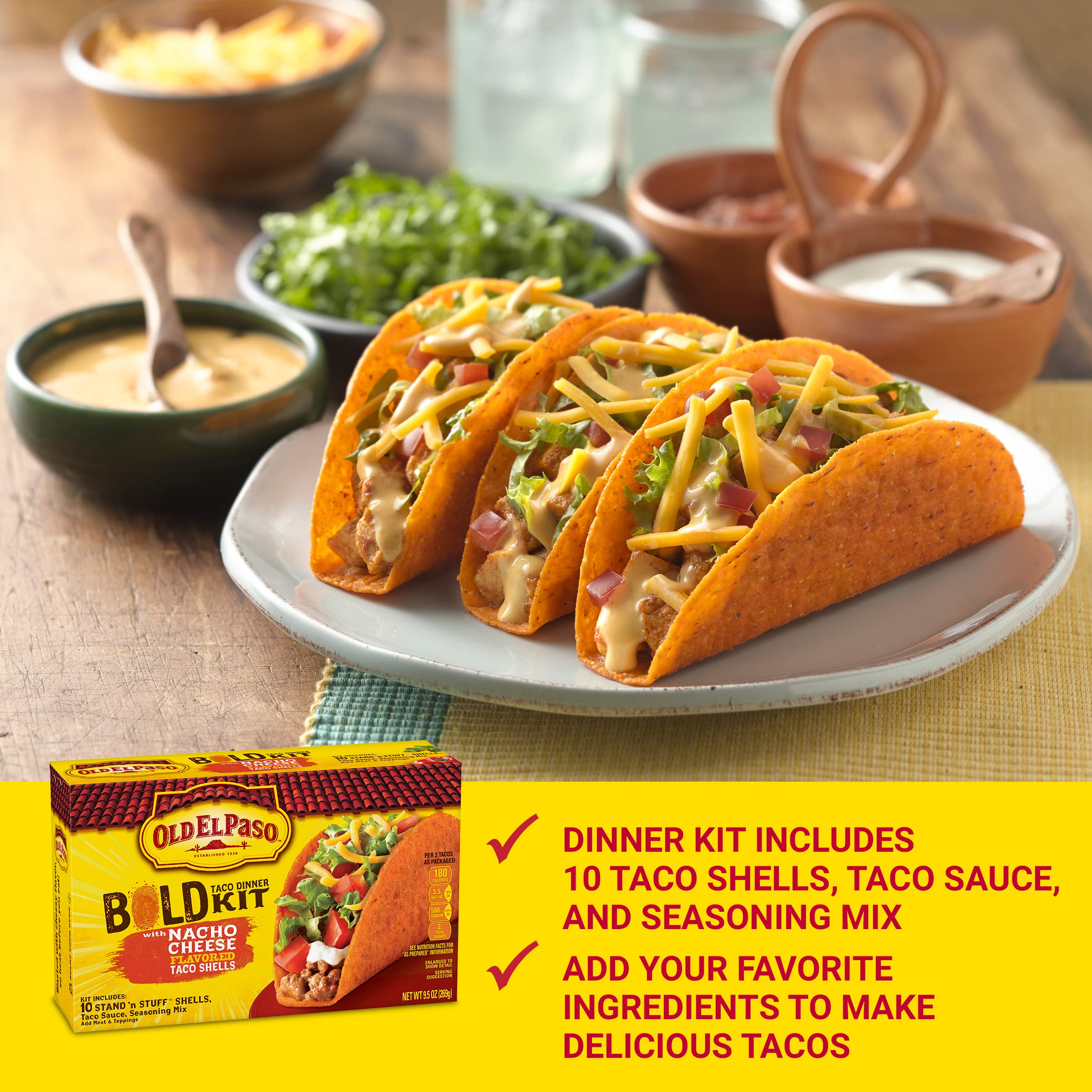 Old El Paso Bold Taco Dinner Kit flat-bottom shells keep toppings neatly