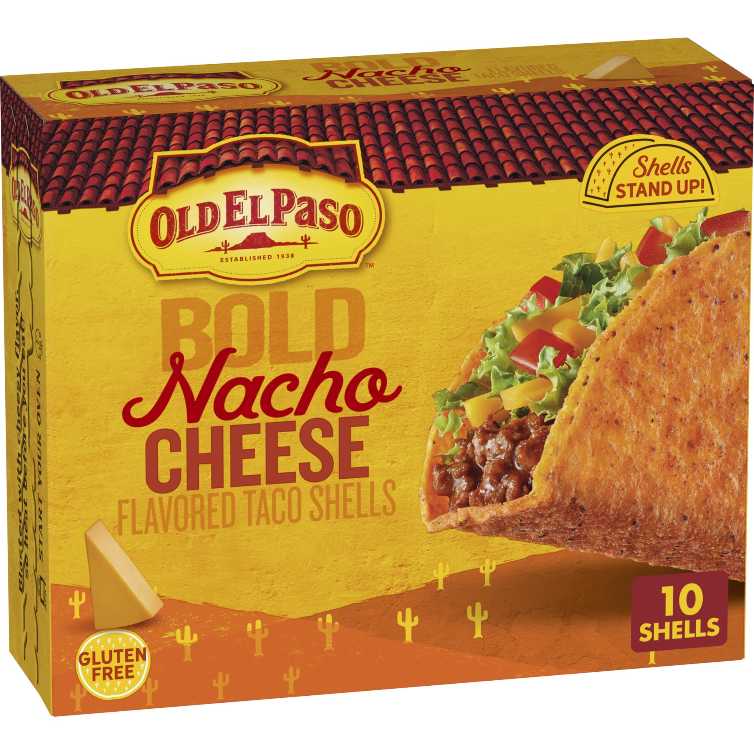 Old El Paso box-front on counter highlighting bold nacho cheese flavor