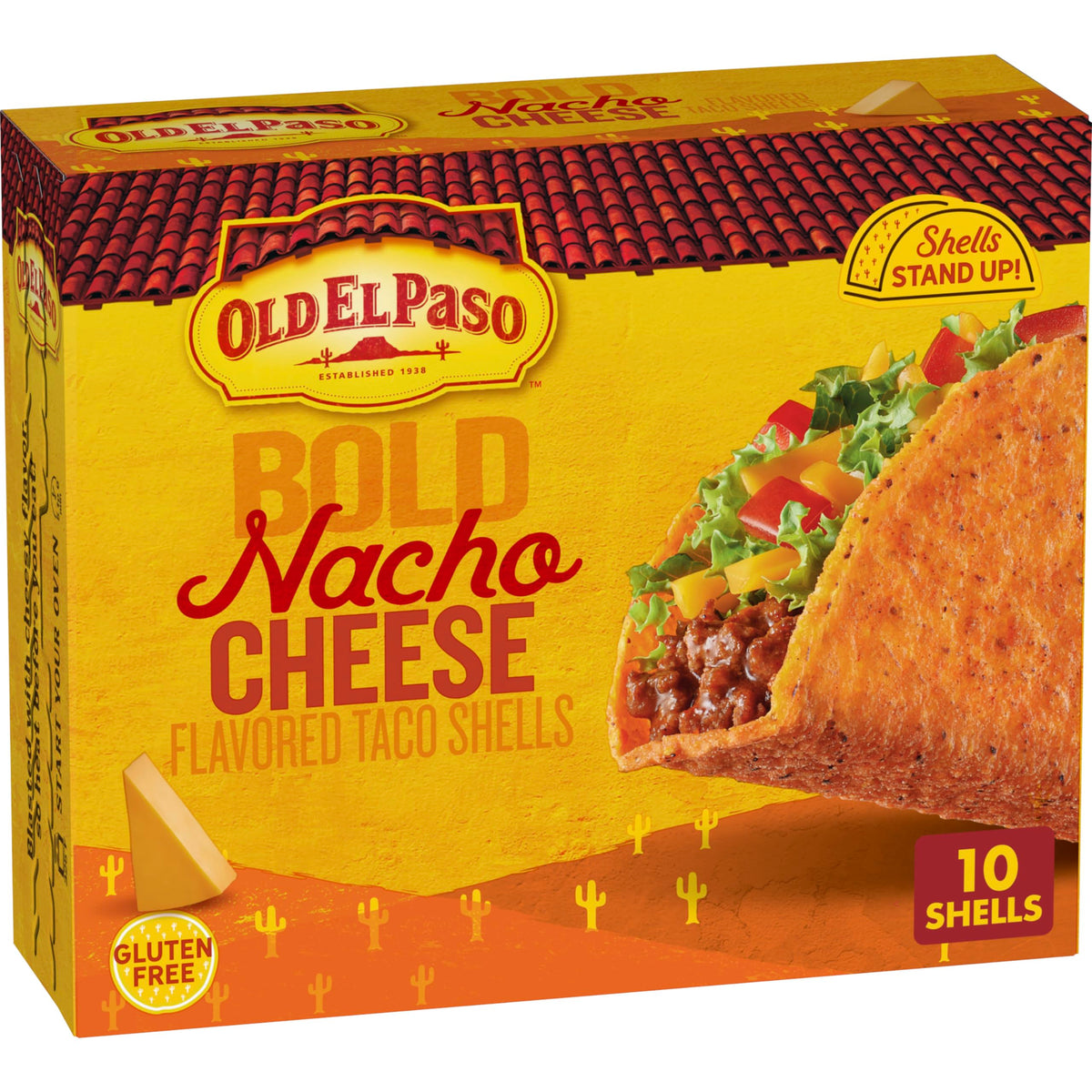 Old El Paso box-front on counter highlighting bold nacho cheese flavor