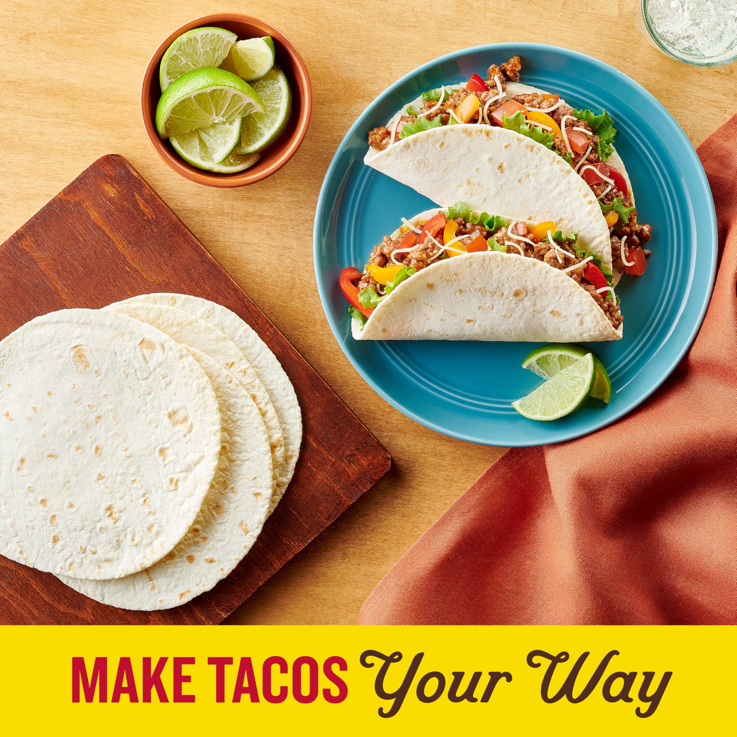 Old El Paso Carb Advantage Tortilla Rounds plated with toppings for taco night.