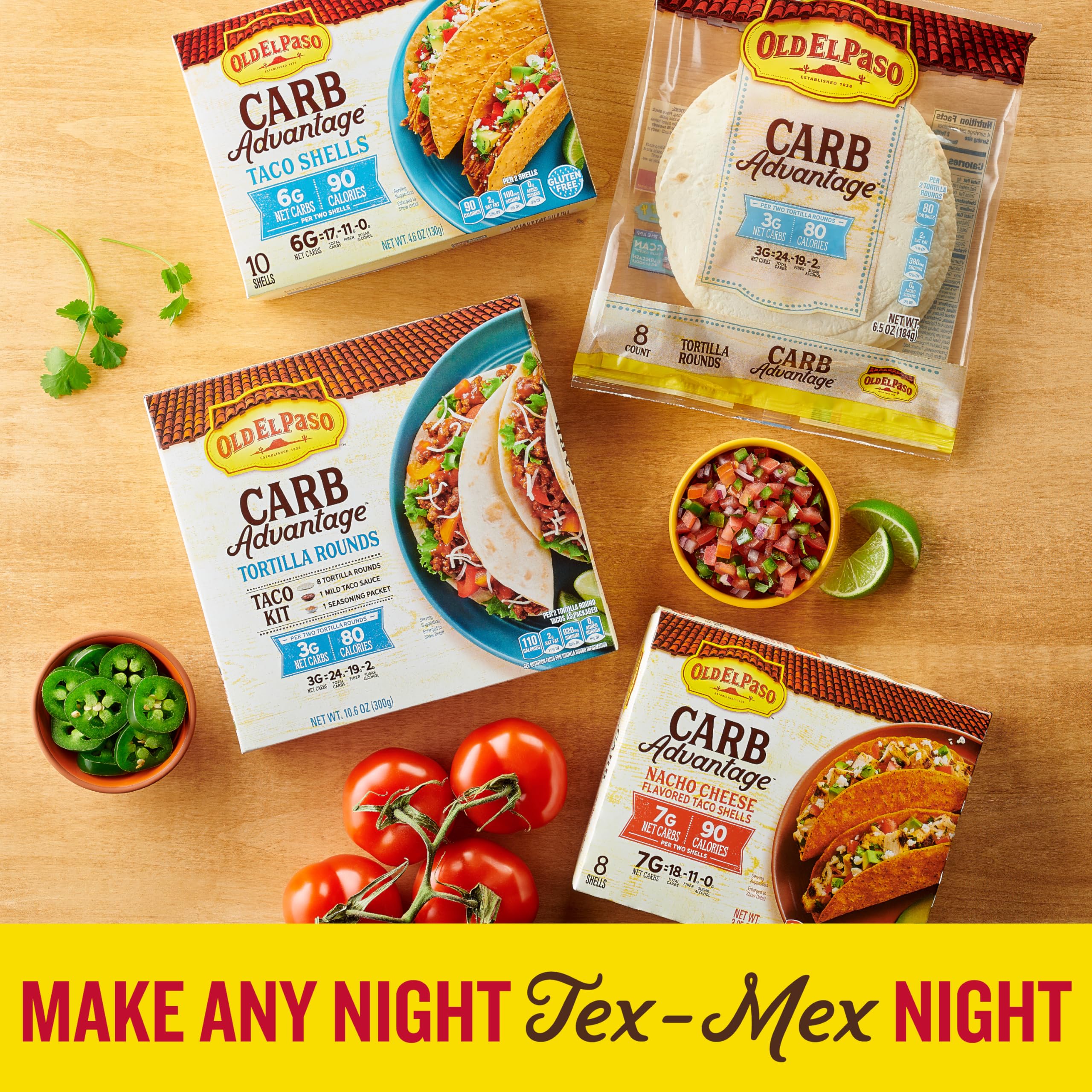 Old El Paso Carb Advantage tortilla rounds nutrition label visible on bag.