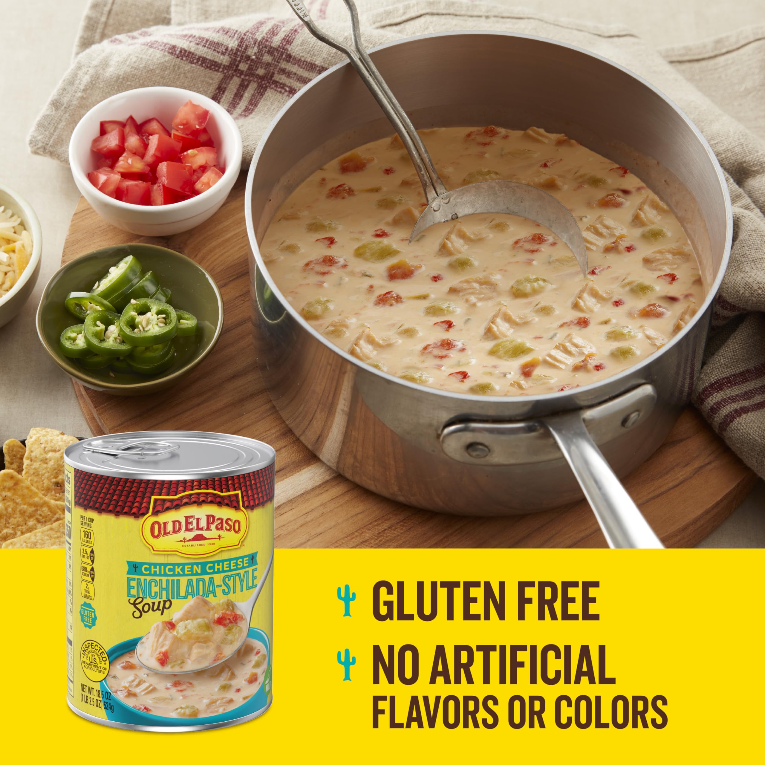 Old El Paso Chicken Cheese Enchilada-Style Soup serving bowl with spoon
