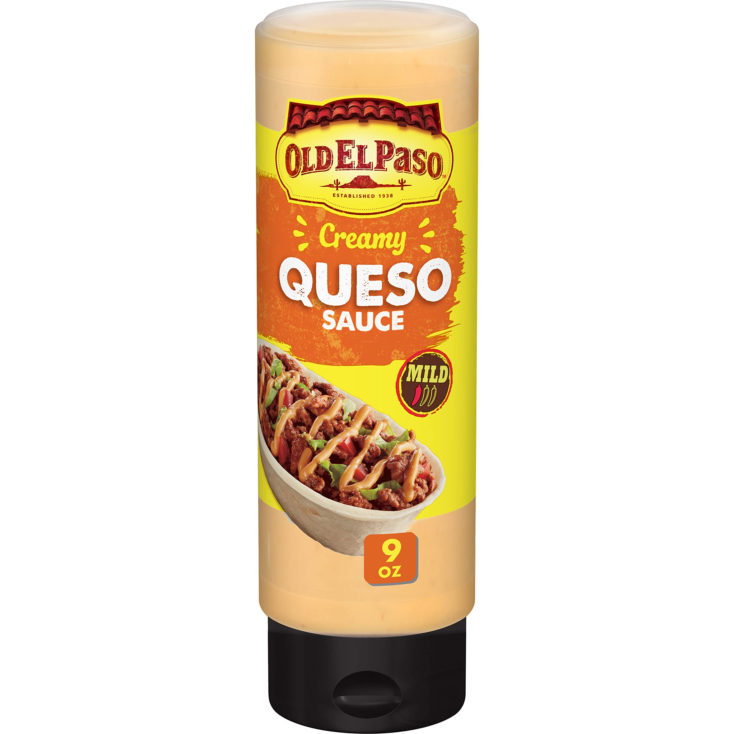 Old El Paso Creamy Queso Sauce bottle ready to squeeze for tacos.
