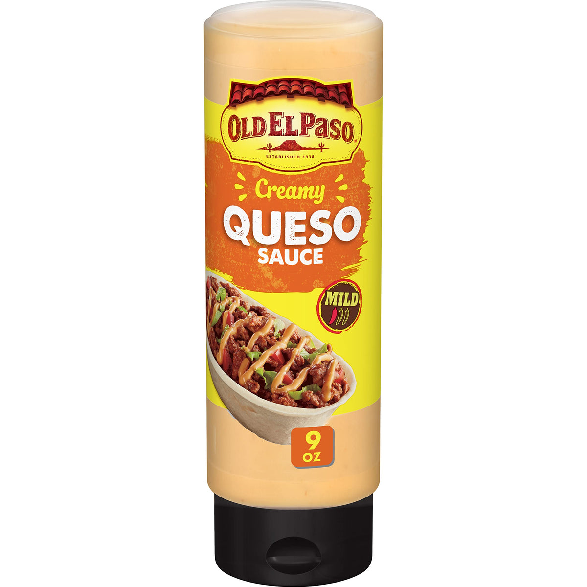 Old El Paso Creamy Queso Sauce bottle ready to squeeze for tacos.