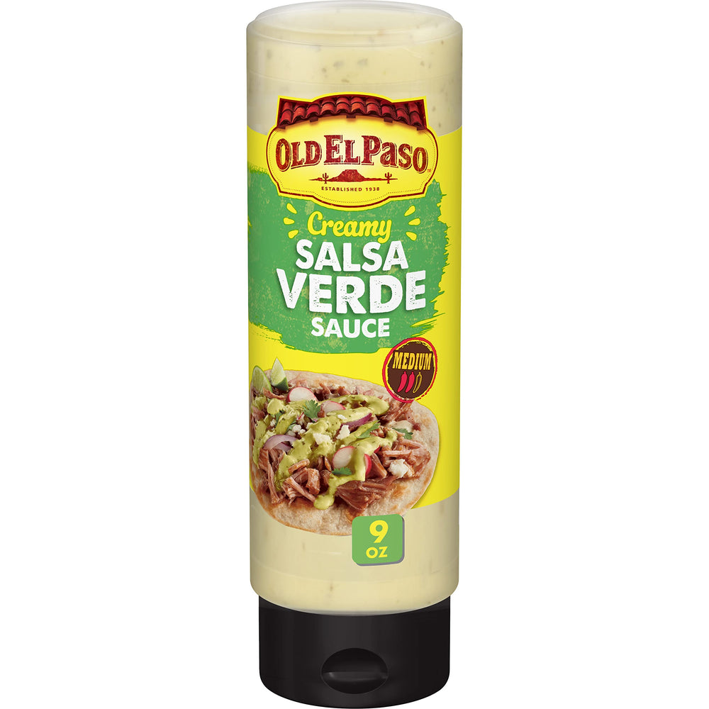 Old El Paso Creamy Salsa Verde bottle pour ideal for quick taco toppings.